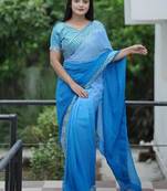 royalblue faux georgette with real mirror work lace border saree with blouse