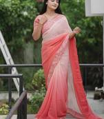 red faux georgette with real mirror work lace border saree with blouse