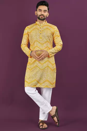 Mustard rayon laheriya digital print crochet work embroidery straight men's kurta pyjama