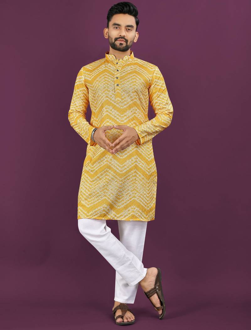 Mustard rayon laheriya digital print crochet work embroidery straight men's kurta pyjama