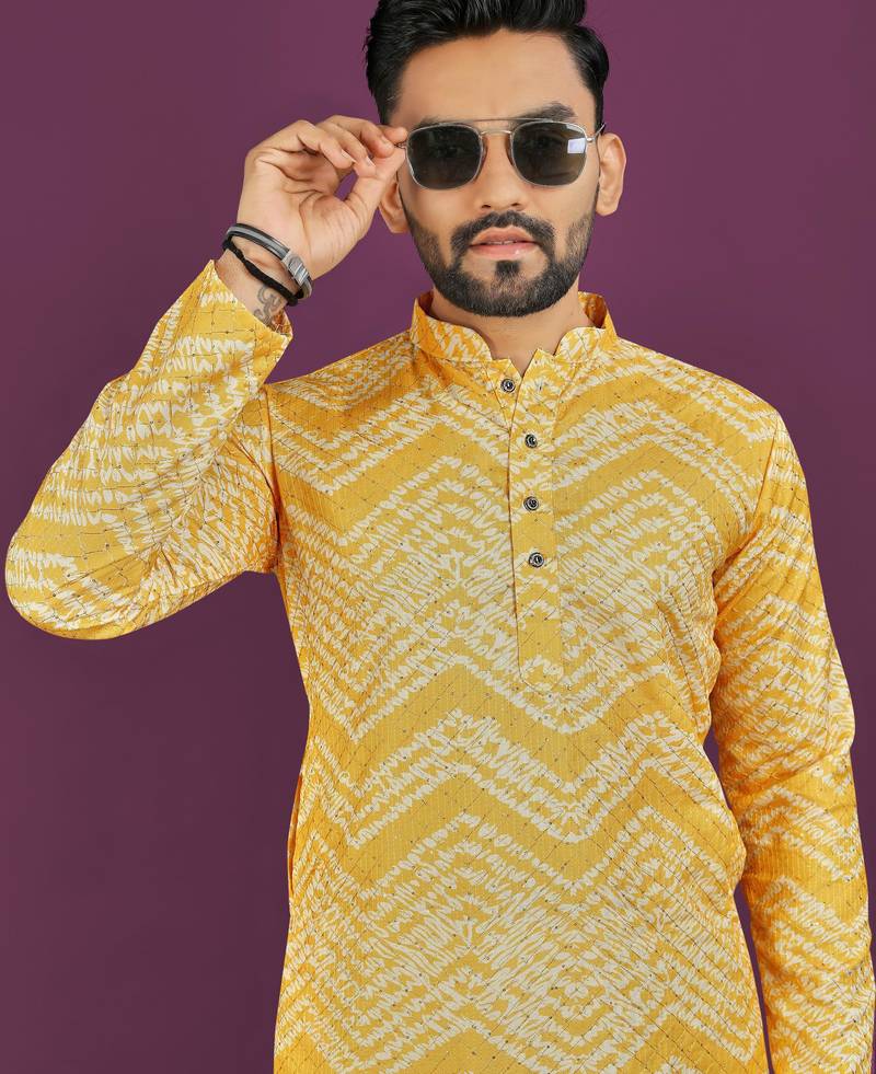 Mustard rayon laheriya digital print crochet work embroidery straight men's kurta pyjama