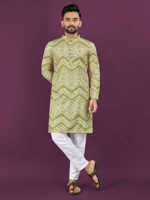 Light green rayon laheriya digital print crochet work embroidery straight men's kurta pyjama 1