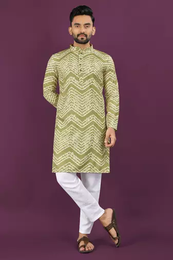 Light green rayon laheriya digital print crochet work embroidery straight men's kurta pyjama