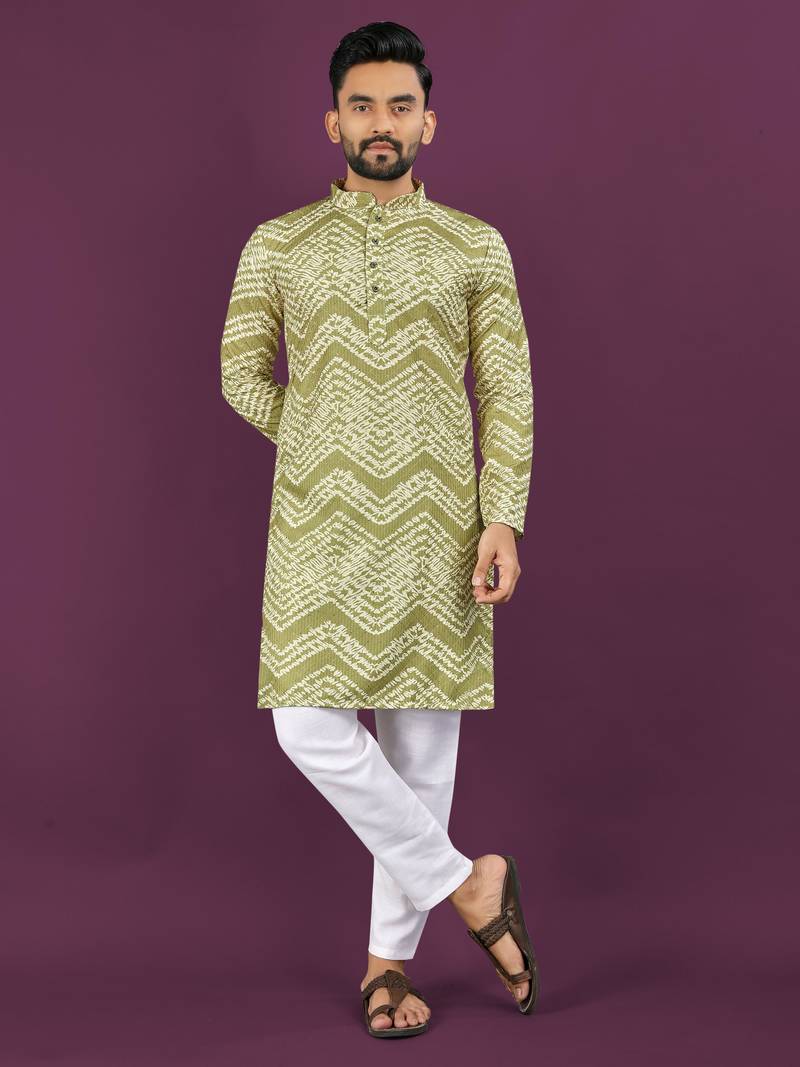 Light green rayon laheriya digital print crochet work embroidery straight men's kurta pyjama