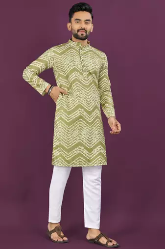 Light green rayon laheriya digital print crochet work embroidery straight men's kurta pyjama