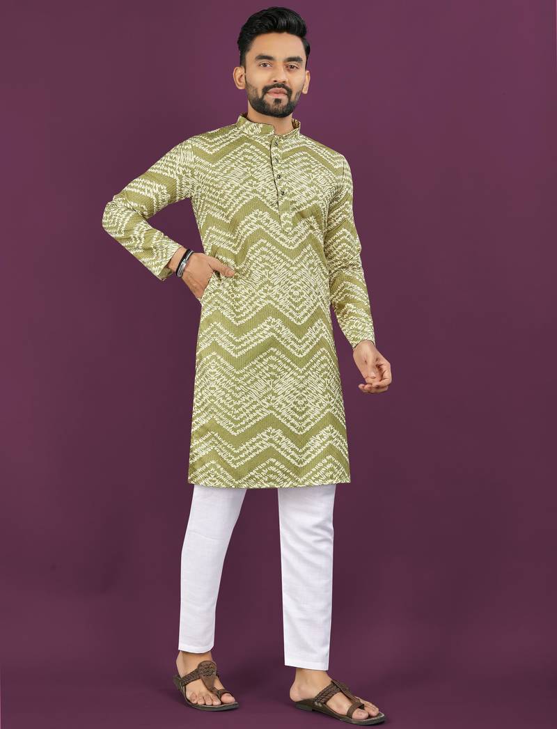 Light green rayon laheriya digital print crochet work embroidery straight men's kurta pyjama