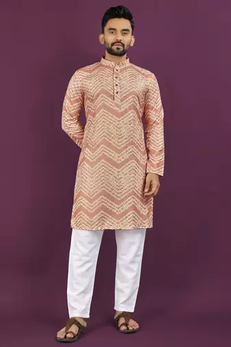 Peach rayon laheriya digital print crochet work embroidery straight men's kurta pyjama
