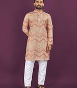 Peach rayon laheriya digital print crochet work embroidery straight men's kurta pyjama