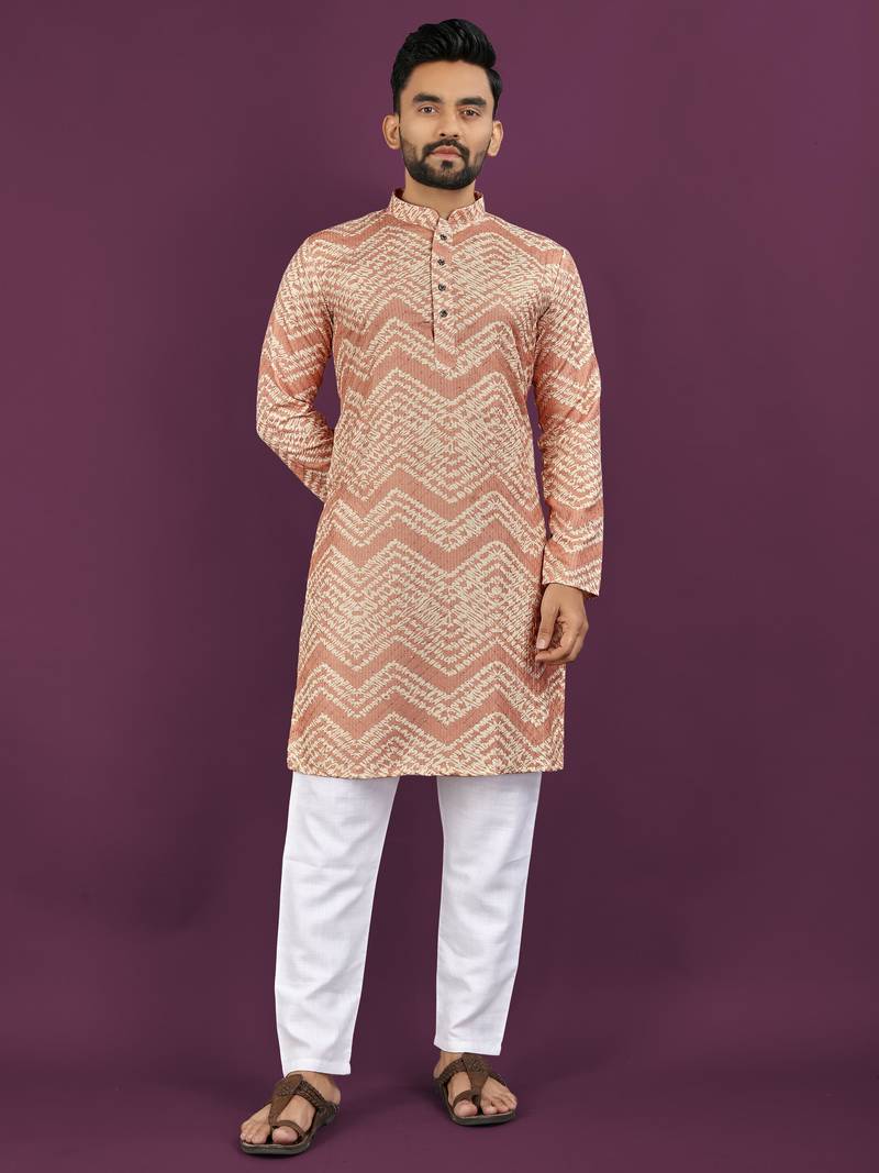 Peach rayon laheriya digital print crochet work embroidery straight men's kurta pyjama