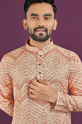 Peach rayon laheriya digital print crochet work embroidery straight men's kurta pyjama