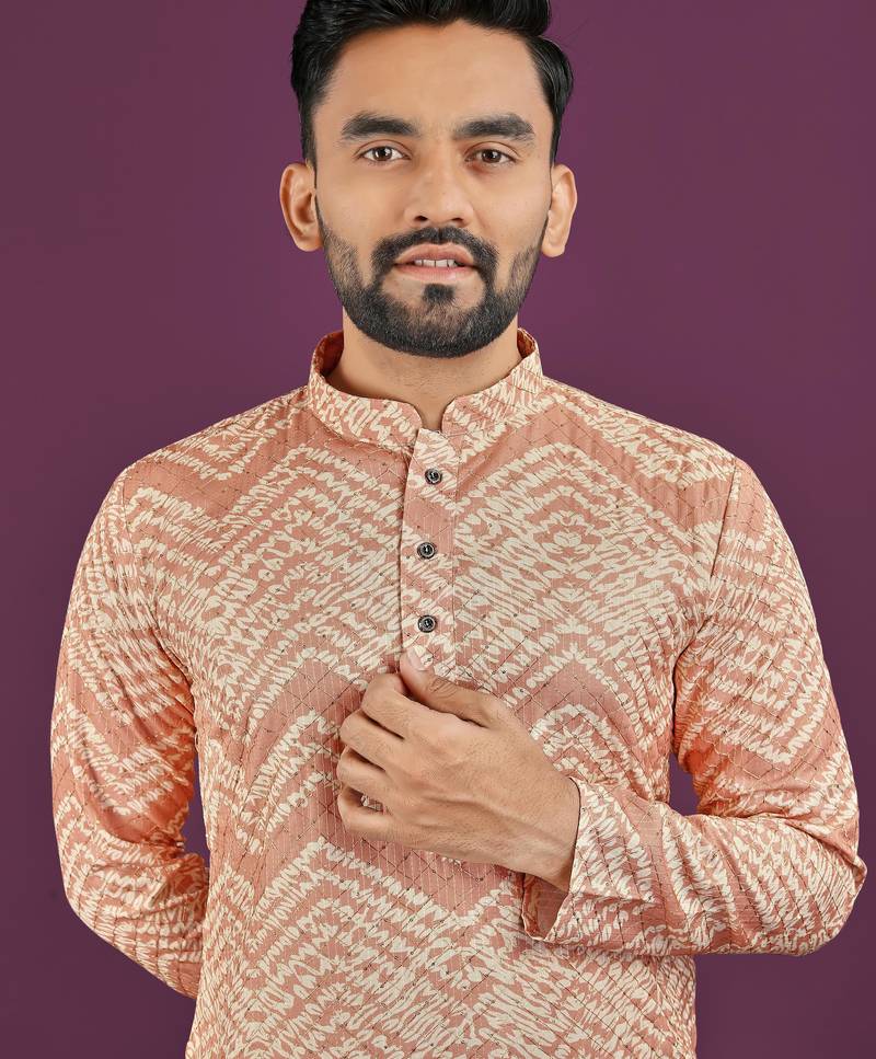 Peach rayon laheriya digital print crochet work embroidery straight men's kurta pyjama