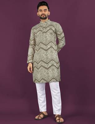 Olive rayon laheriya digital print crochet work embroidery straight men's kurta pyjama 1