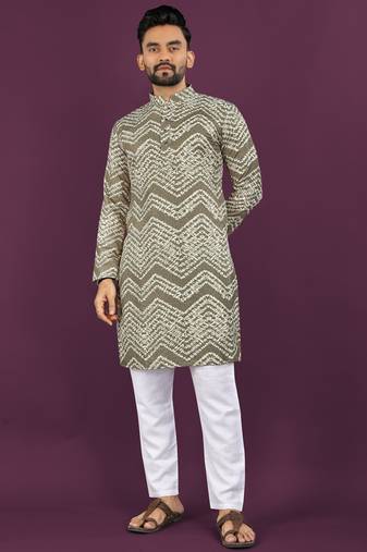 Olive rayon laheriya digital print crochet work embroidery straight men's kurta pyjama