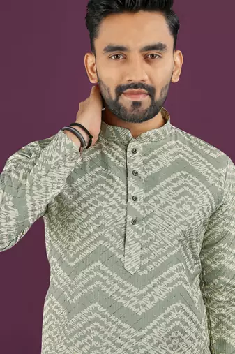 Olive rayon laheriya digital print crochet work embroidery straight men's kurta pyjama