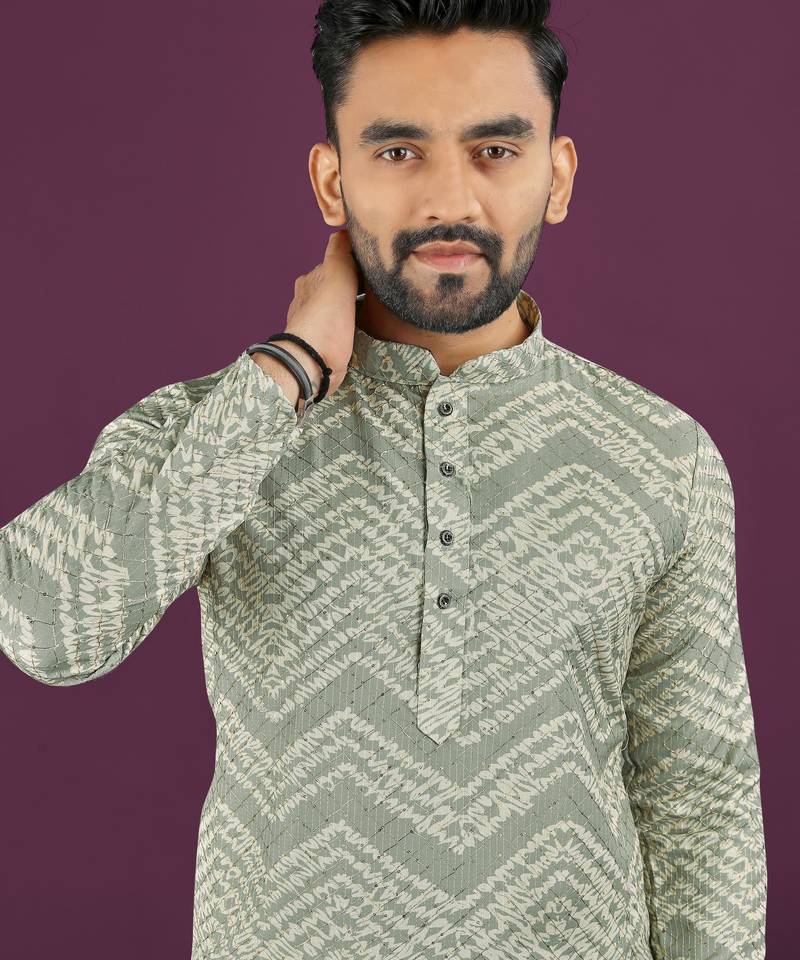 Olive rayon laheriya digital print crochet work embroidery straight men's kurta pyjama