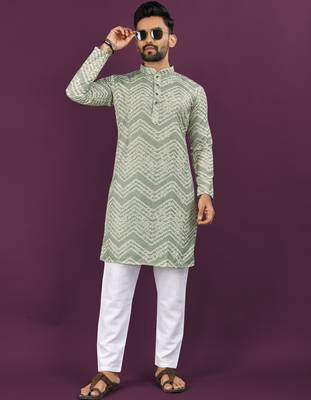 Olive rayon laheriya digital print crochet work embroidery straight men's kurta pyjama 3