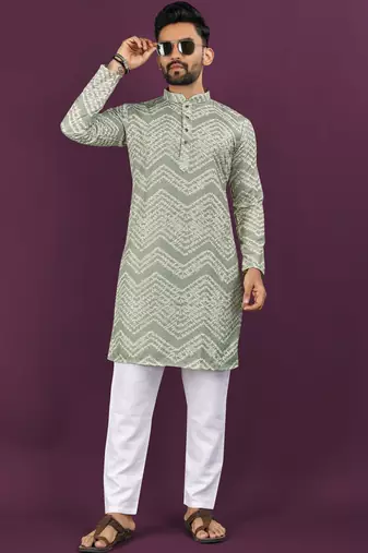 Olive rayon laheriya digital print crochet work embroidery straight men's kurta pyjama