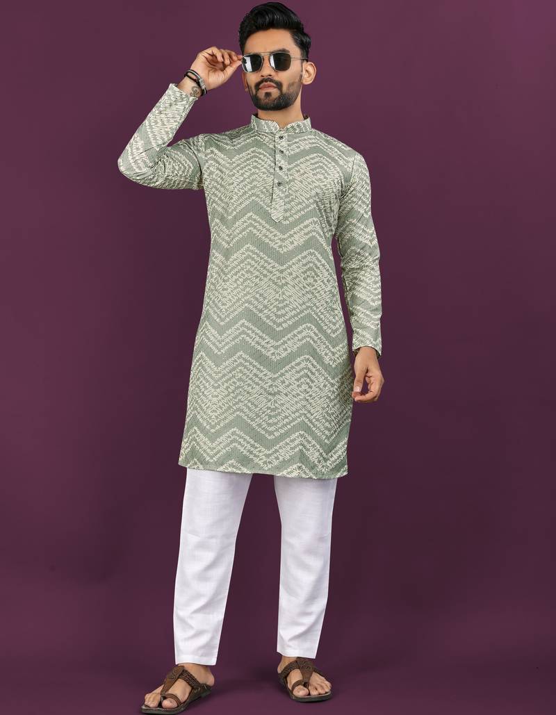 Olive rayon laheriya digital print crochet work embroidery straight men's kurta pyjama