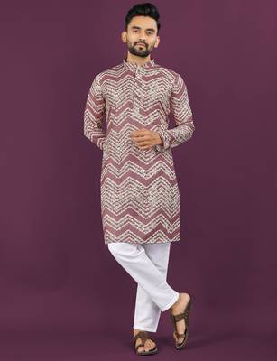 Dusty purple rayon laheriya digital print crochet work embroidery straight men's kurta pyjama 1