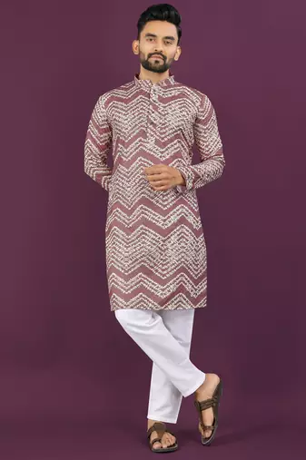 Dusty purple rayon laheriya digital print crochet work embroidery straight men's kurta pyjama