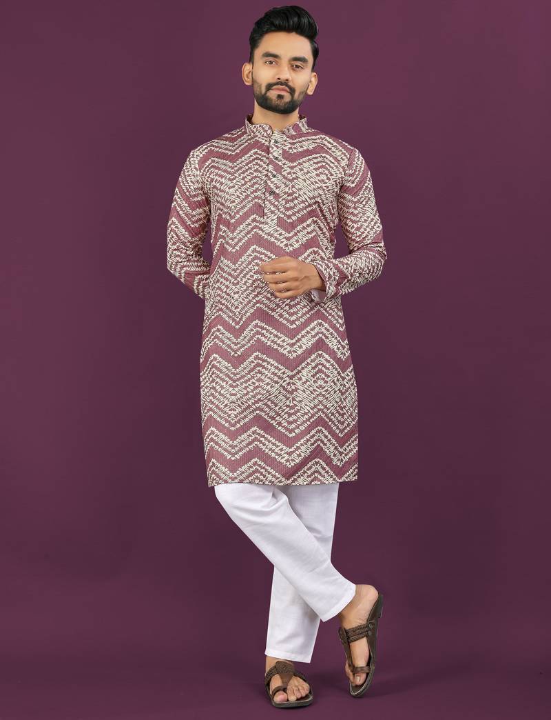 Dusty purple rayon laheriya digital print crochet work embroidery straight men's kurta pyjama