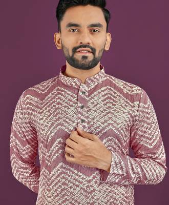 Dusty purple rayon laheriya digital print crochet work embroidery straight men's kurta pyjama 2