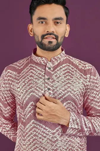 Dusty purple rayon laheriya digital print crochet work embroidery straight men's kurta pyjama