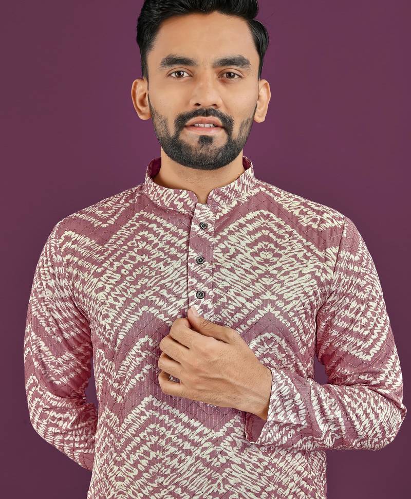 Dusty purple rayon laheriya digital print crochet work embroidery straight men's kurta pyjama