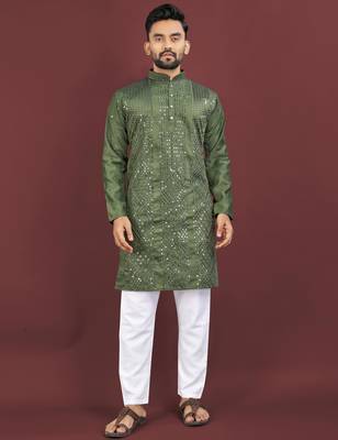 Olive viscose silk sequins embroidery straight men's kurta pyjama 1
