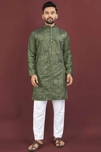 Olive viscose silk sequins embroidery straight men's kurta pyjama