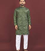 Olive viscose silk sequins embroidery straight men's kurta pyjama