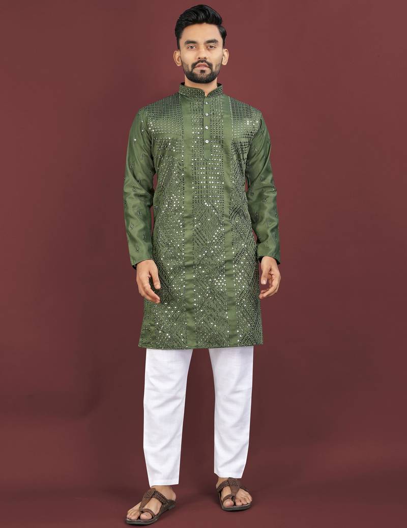 Olive viscose silk sequins embroidery straight men's kurta pyjama
