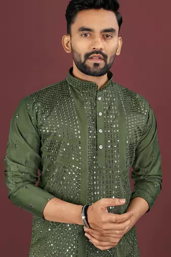 Olive viscose silk sequins embroidery straight men's kurta pyjama