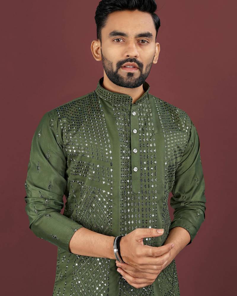 Olive viscose silk sequins embroidery straight men's kurta pyjama