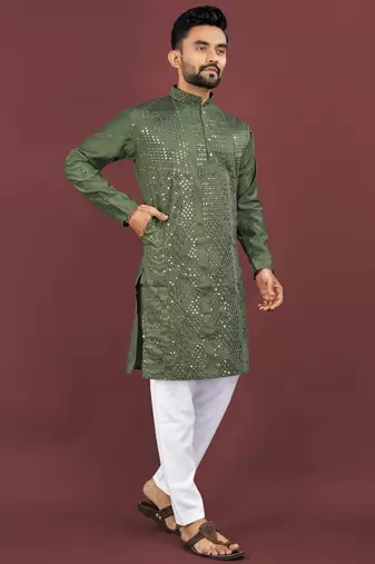 Olive viscose silk sequins embroidery straight men's kurta pyjama