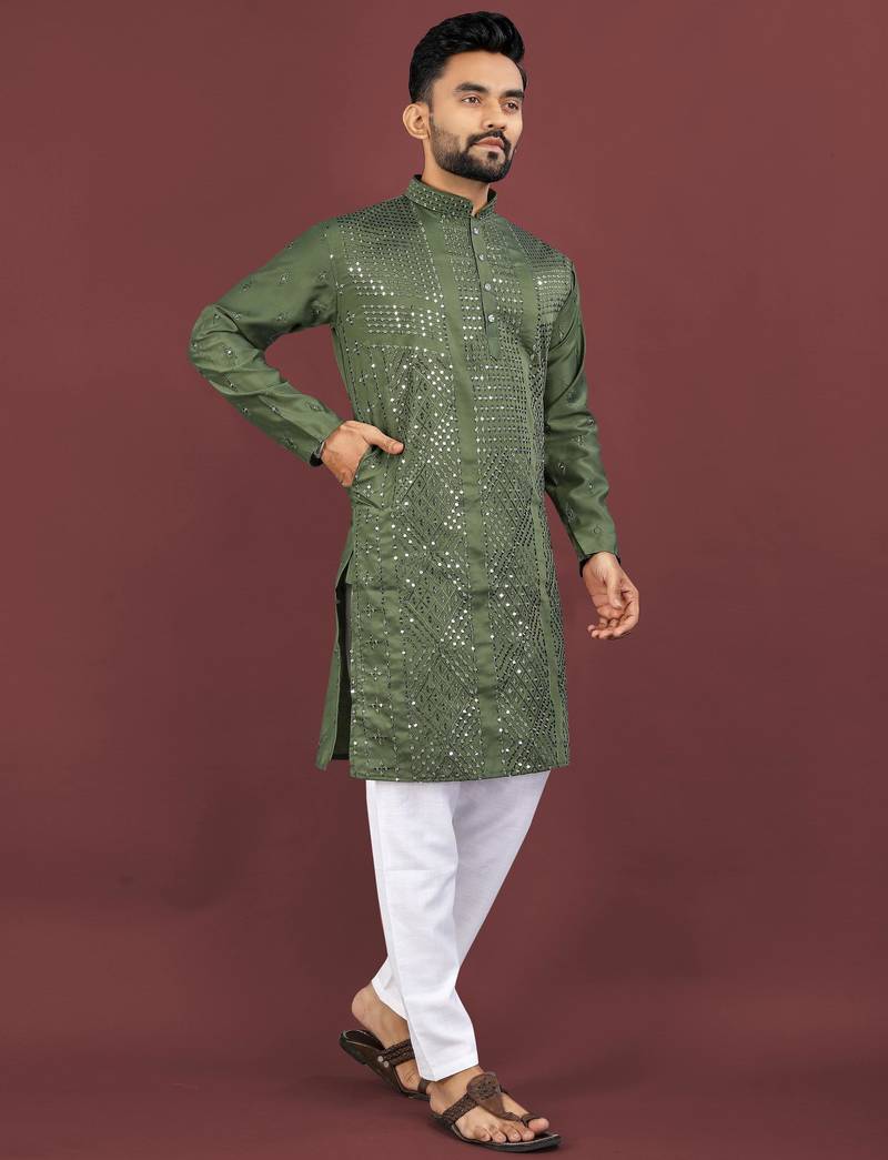Olive viscose silk sequins embroidery straight men's kurta pyjama