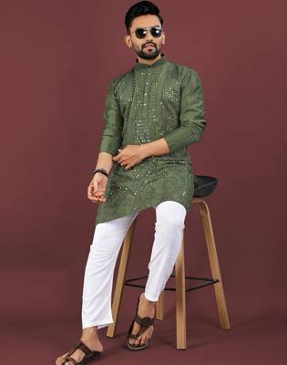 Olive viscose silk sequins embroidery straight men's kurta pyjama 4
