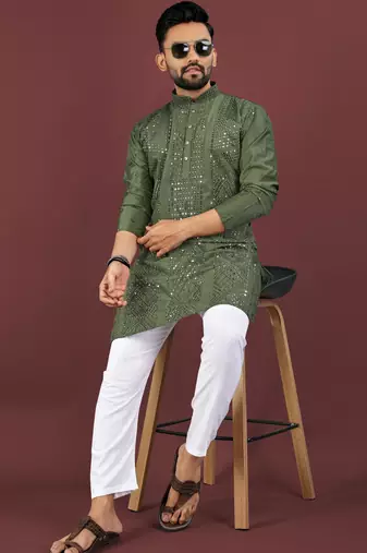 Olive viscose silk sequins embroidery straight men's kurta pyjama
