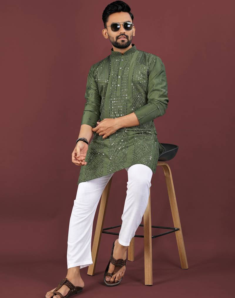 Olive viscose silk sequins embroidery straight men's kurta pyjama