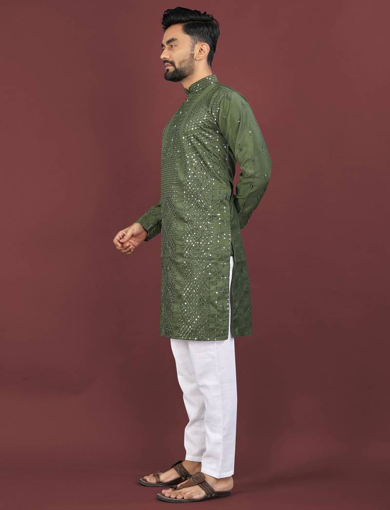Olive viscose silk sequins embroidery straight men's kurta pyjama