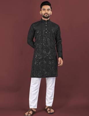 Black viscose silk sequins embroidery straight men's kurta pyjama 1