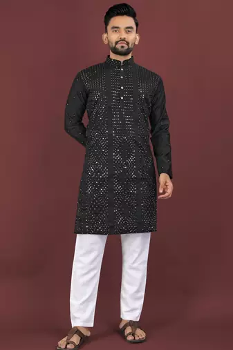 Black viscose silk sequins embroidery straight men's kurta pyjama
