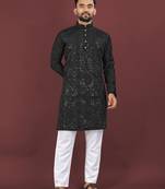 Black viscose silk sequins embroidery straight men's kurta pyjama