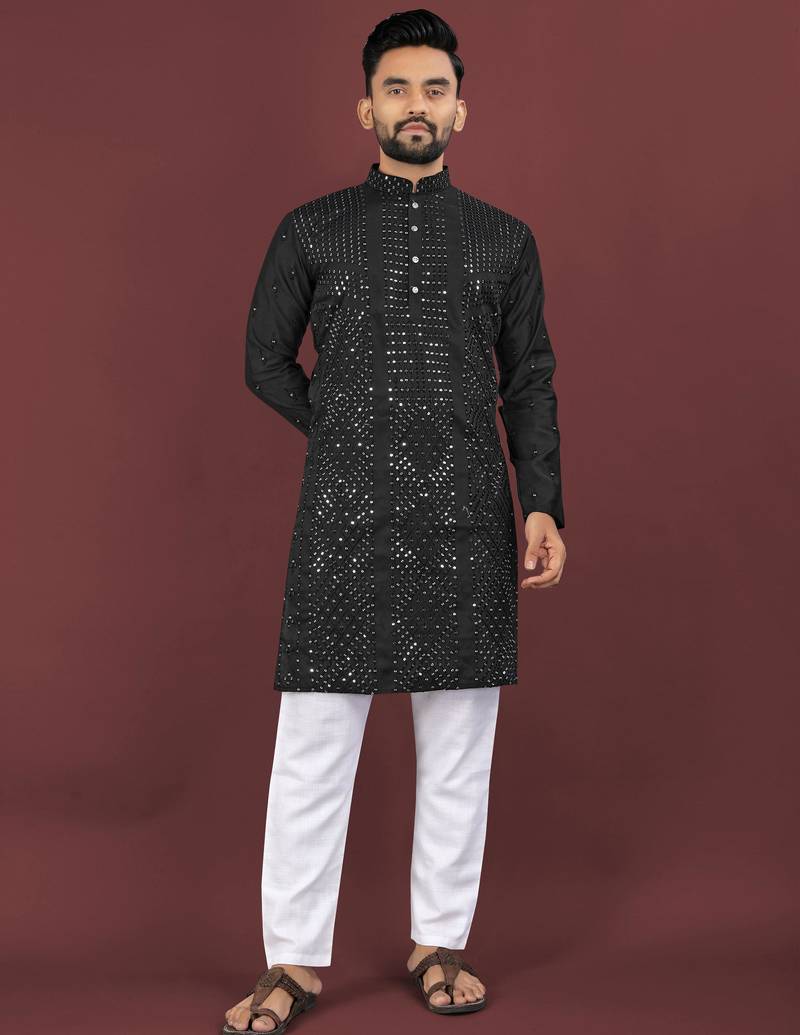 Black viscose silk sequins embroidery straight men's kurta pyjama