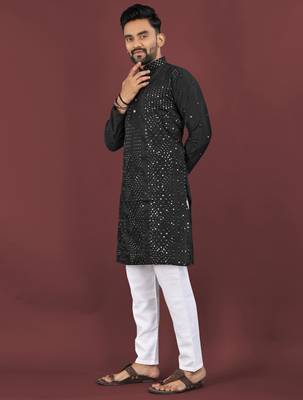 Black viscose silk sequins embroidery straight men's kurta pyjama 2
