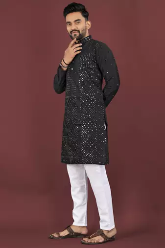 Black viscose silk sequins embroidery straight men's kurta pyjama