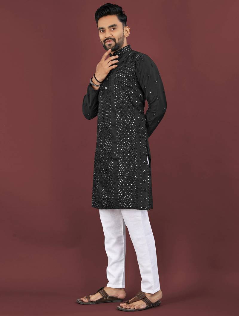 Black viscose silk sequins embroidery straight men's kurta pyjama