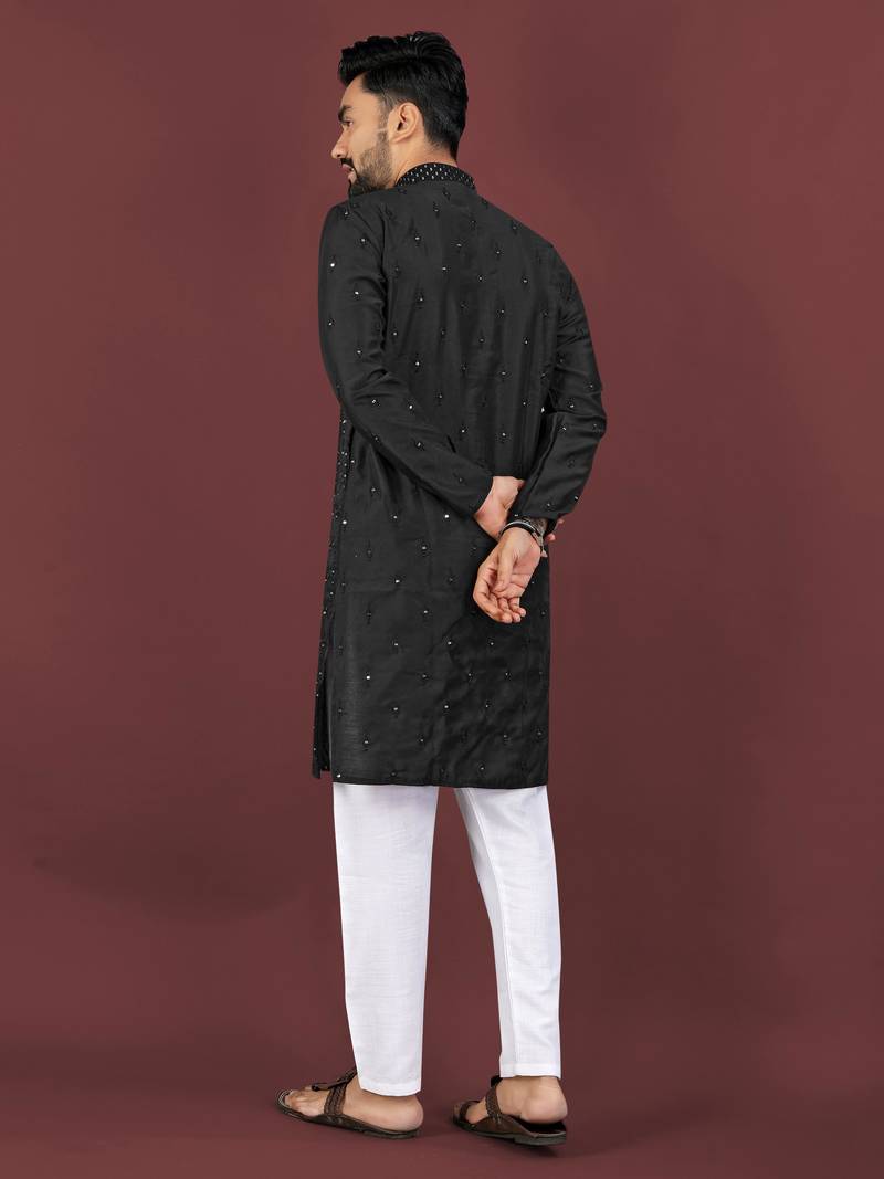 Black viscose silk sequins embroidery straight men's kurta pyjama