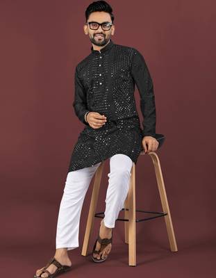 Black viscose silk sequins embroidery straight men's kurta pyjama 4