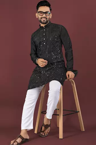 Black viscose silk sequins embroidery straight men's kurta pyjama